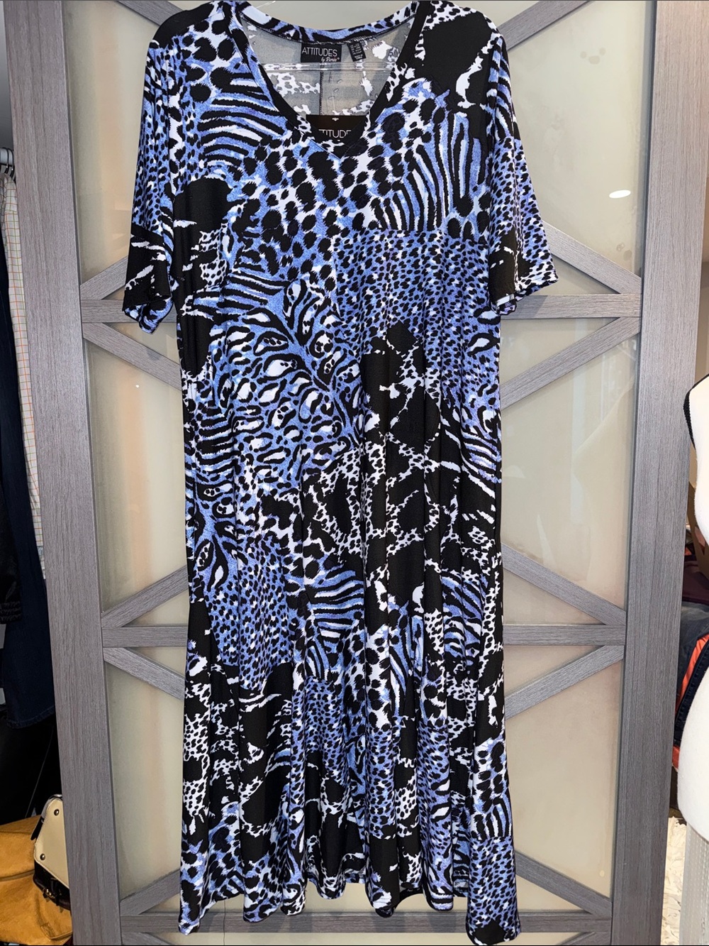 NWT Attitudes by Renee Black & Blue Mixed Animal Print Midi Dress